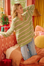 BiBi Womens Sweater Striped Sage Green Long Sleeve Oversized Pullover 6627c50f20834dcea059aead01ab40a2-Max-Origin Trendsi