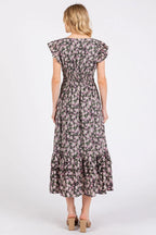 Mittoshop Midi Dress Black Floral Flower Print Ruffle Cap Sleeve V-neck 662884a6918a44fda55b28bc54d796ed-Max-Origin Trendsi