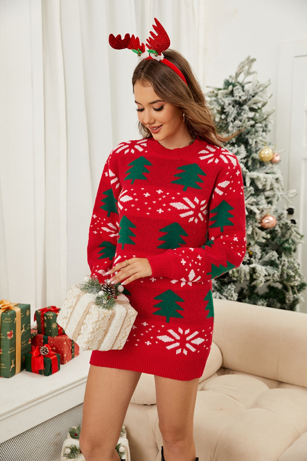 Christmas Tree Sweater Dress Women Round Neck Soft Acrylic Holiday Dress 66302e4b-400b-4c11-bc47-a52531b4a6de-Max Trendsi