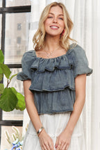 ADORA Ruffle Blouse Denim Washed Layered Short Puff Sleeve Top 663130523dc842eabe65505c223a79b9-Max-Origin Trendsi