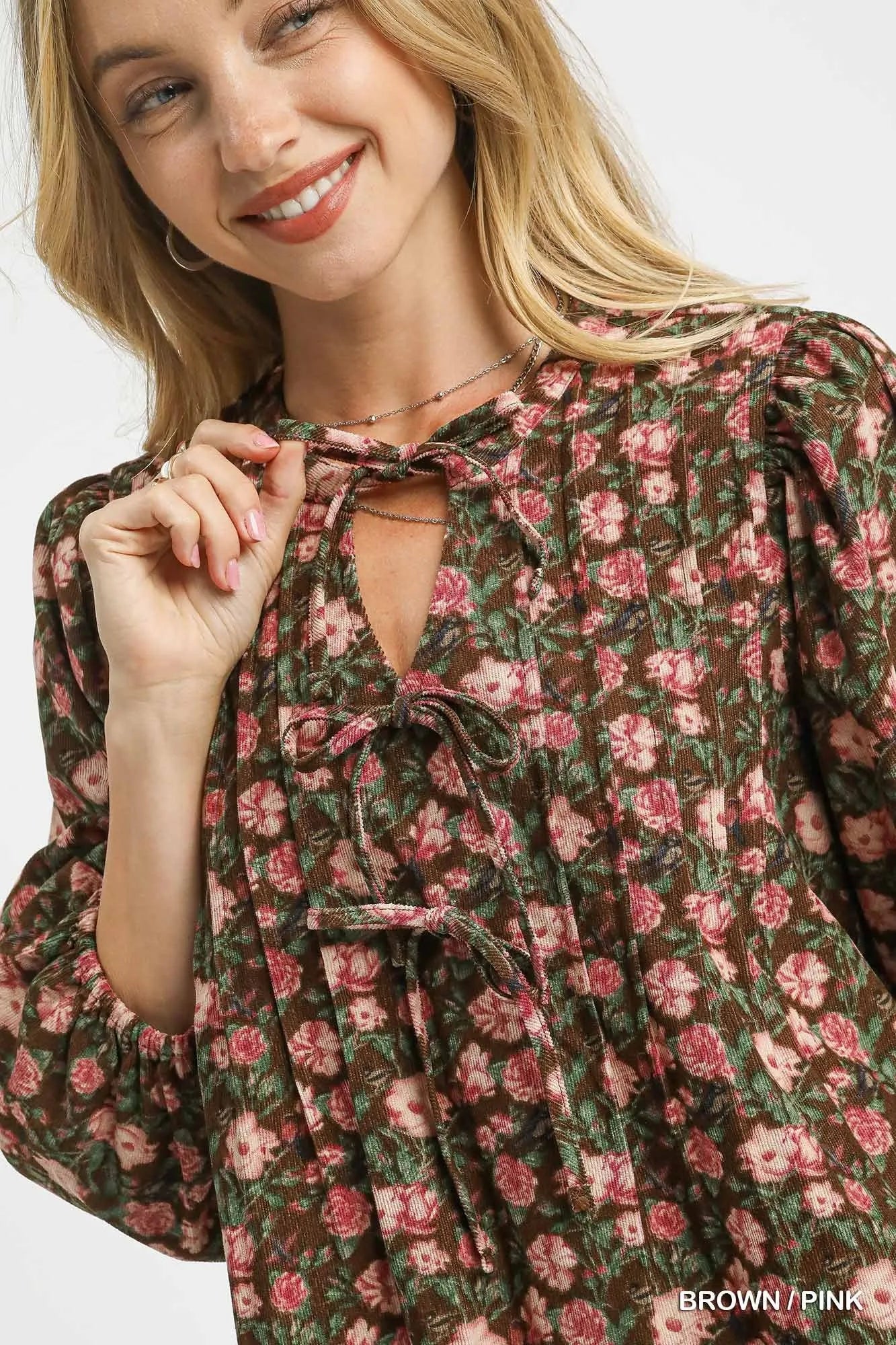 Umgee Babydoll Short Dress Brown Pink Floral Tie-Neck 3/4 Sleeve Ruched 6636afca-2e2a-40ac-a860-2f2005c379d4-Max-Origin Trendsi