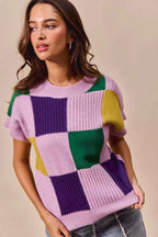 SO ME Casual Sweater Top Women Mardi Gras Check Plaid Short Sleeve Top 663c90d6bddf472f8d5bb0330136e9d8-Max-Origin Trendsi