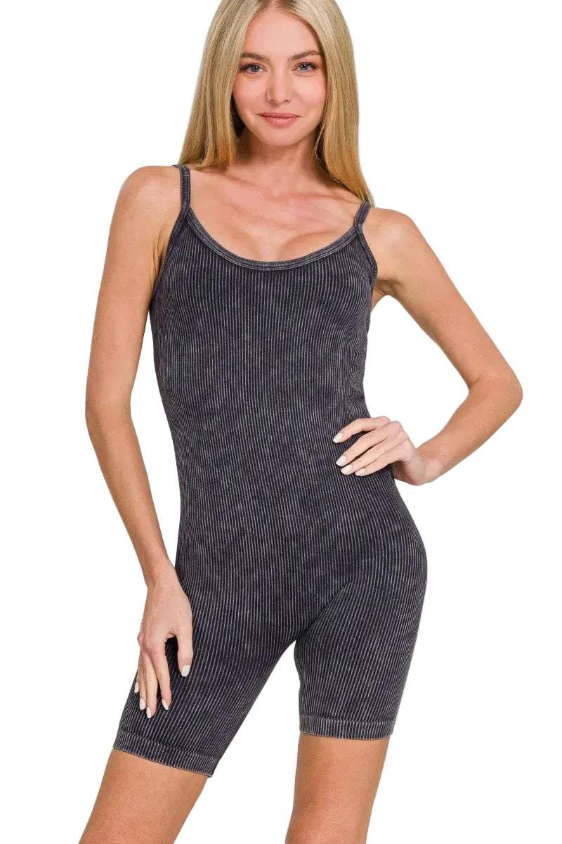 Zenana Stone Washed Ribbed Seamless Romper