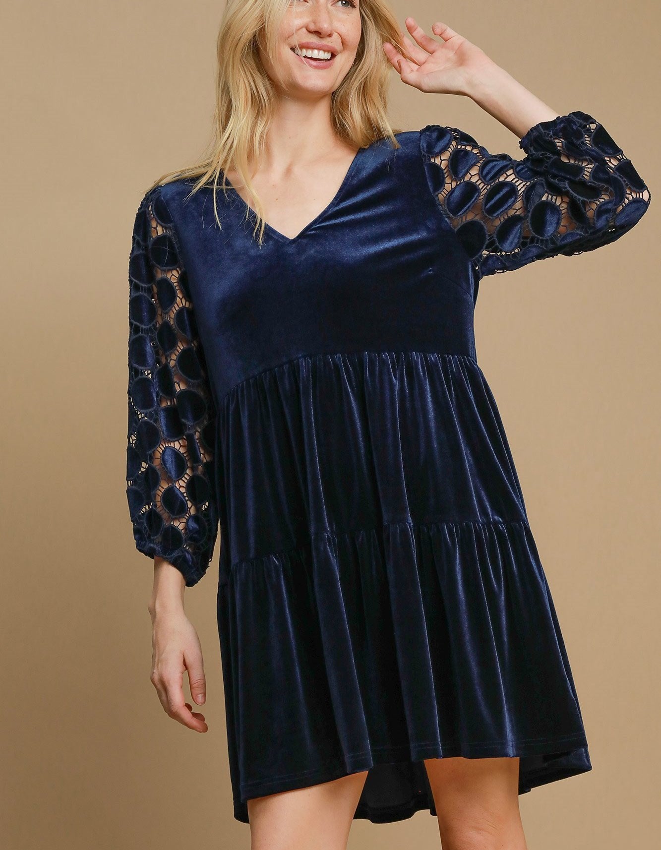 Umgee Velvet Mini Dress Navy Dotted Flower Lace Long Sleeve Tiered