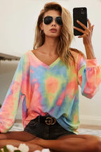 BiBi Tie Dye Womens Blouse Pastel French Terry V Neck Top Long Sleeve 664088ab9e504783b17969f19496c204-Max-Origin Trendsi