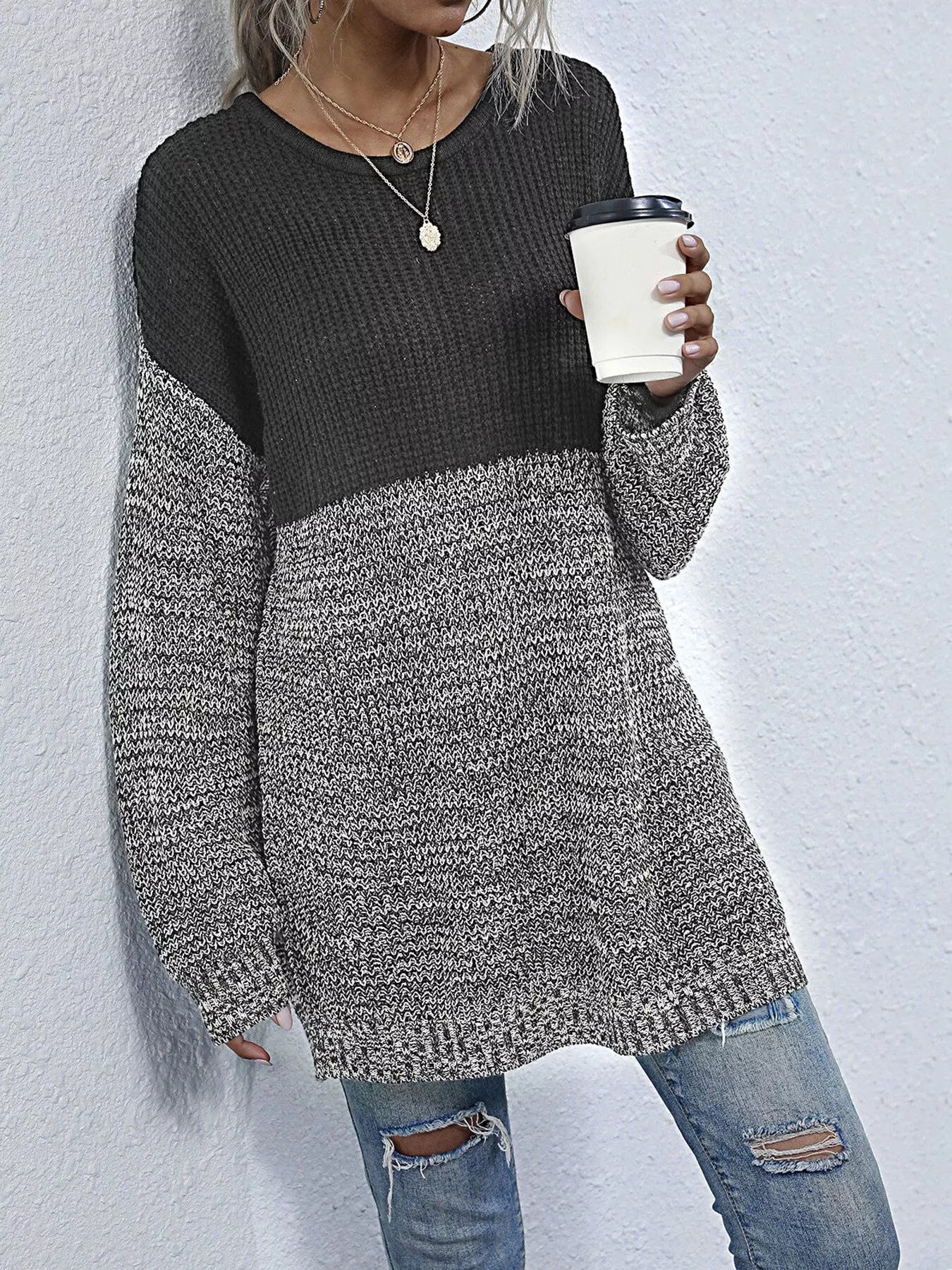 Women's Oversized Sweater Color Block Long Sleeve Knitwear 66467b6a-a356-4225-b4ba-c4302072ecac-Max-Origin Trendsi