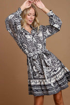 Umgee Mini Dress Black Floral Border Print Tie Waist Long Sleeve Belted 664e9d3a-8cf9-4be2-a7d9-3aeaa689abf4-Max Trendsi
