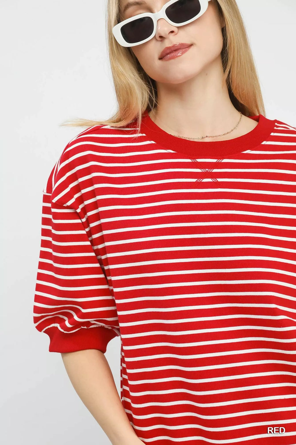 Umgee Cotton T-shirt Striped Red Short Sleeve Pullover Top 6656df64-00b0-48b9-9029-a020a6501344-Max-Origin Trendsi