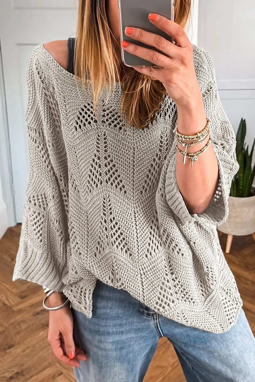 Women's Knit Top Openwork Round Neck Long Sleeve Oversized Pullover Gray 6659001b-fbbd-4ad0-ba70-b3689cc84170-Max-Origin Trendsi