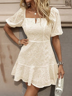 Mini Dress Apricot Eyelet Lace Embroidered Puff Short Sleeve Ruched 6660b13f3d55469f95eacf1c46d527c4-Max-Origin Trendsi