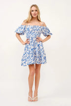 And The Why Off Shoulder Dress Floral Blue Bubble Sleeve Ruffled 6662f4291b3f4bbc992d9cfccdf30ba8-Max-Origin Trendsi