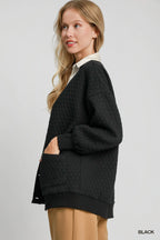 Umgee Jacquard Cardigan Black Women's Button-Up with Pockets 6668402f-4904-41bc-a05d-40c0c64c858e-Max-Origin Trendsi