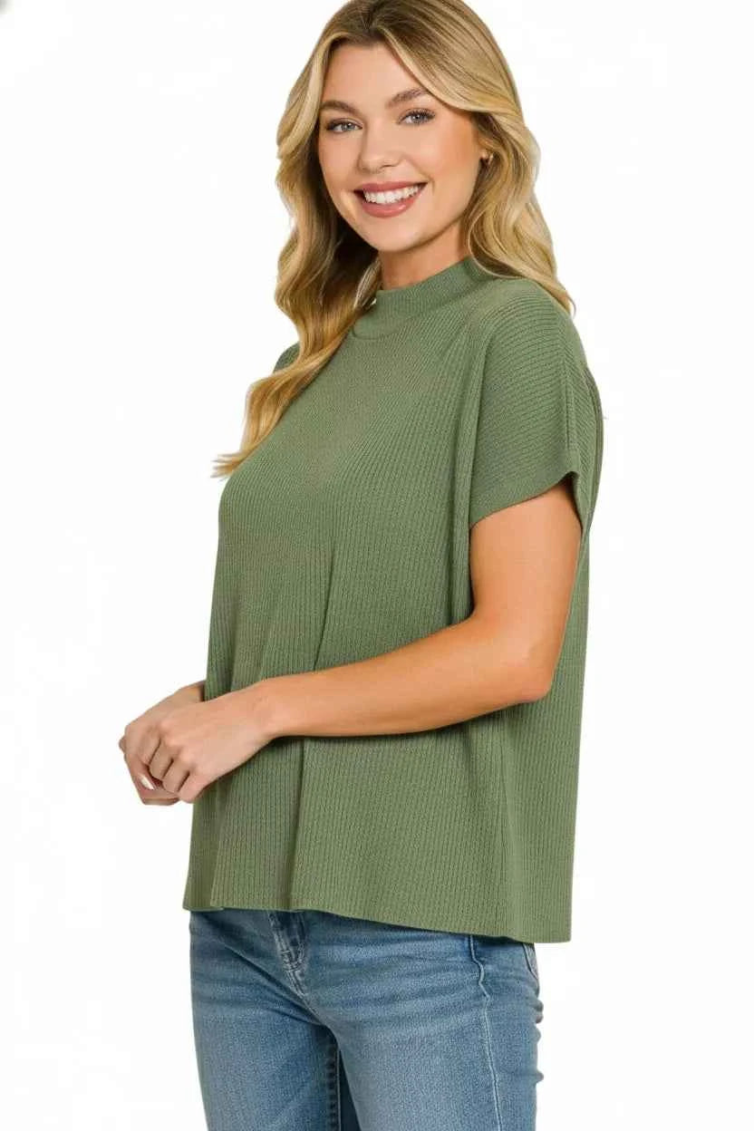 Zenana Viscose Mock Neck Short Sleeve Boxy Sweater