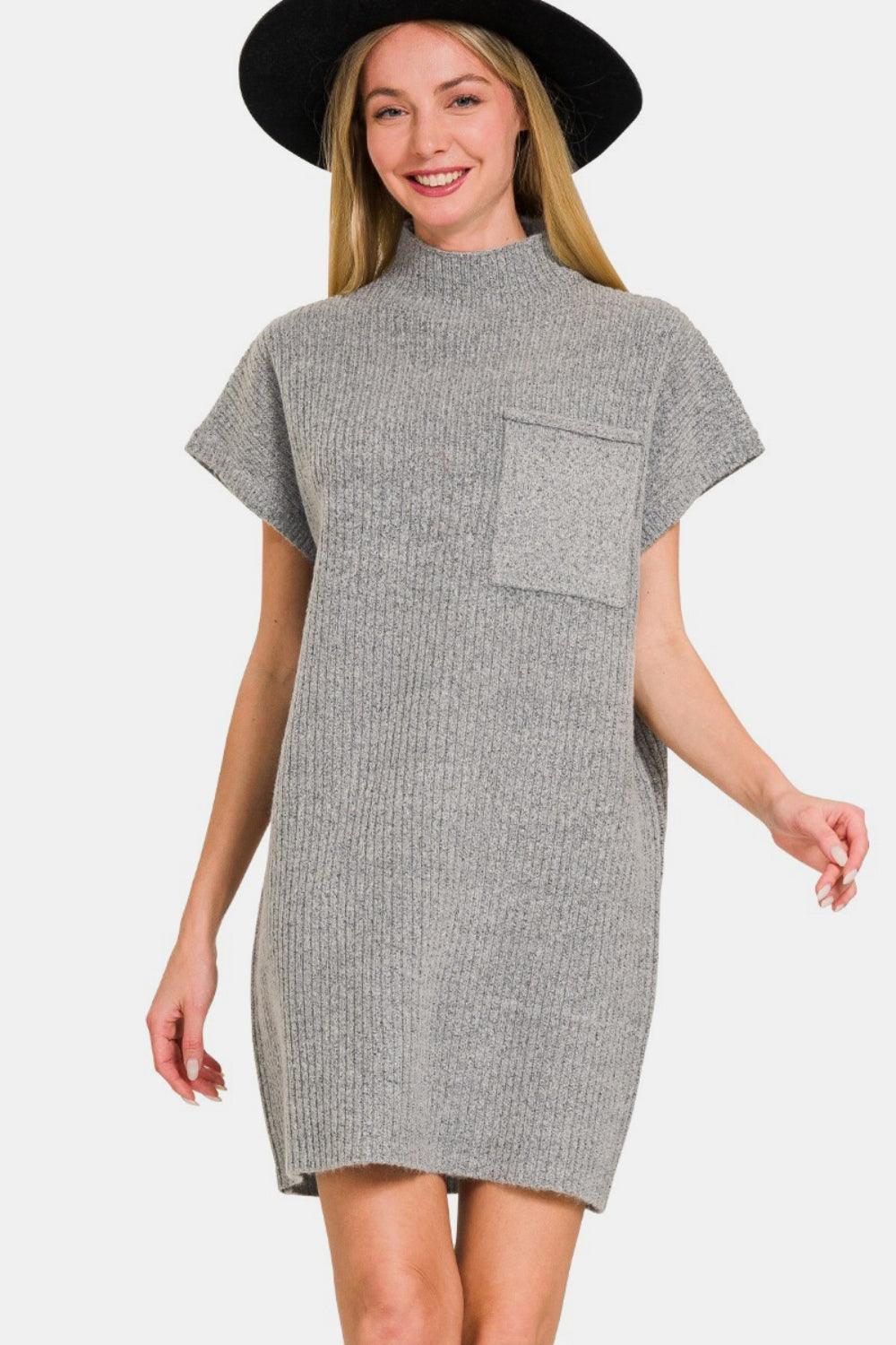 Zenana Sweater Mini Dress Short Sleeve Patch Pocket Grey 666e1c28-9223-4121-9d3c-0563b72aa657-Max Trendsi