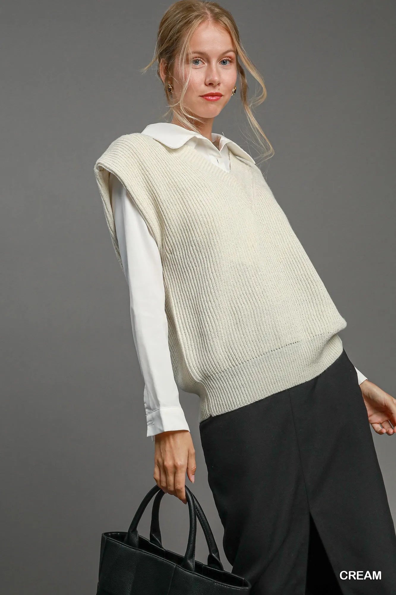 Umgee Sweater Vest Oversized Cream V Neck Ribbed Short Sleeve Basic Style 66735bfd-1624-4639-b3be-ebe675f889f9-Max-Origin Trendsi