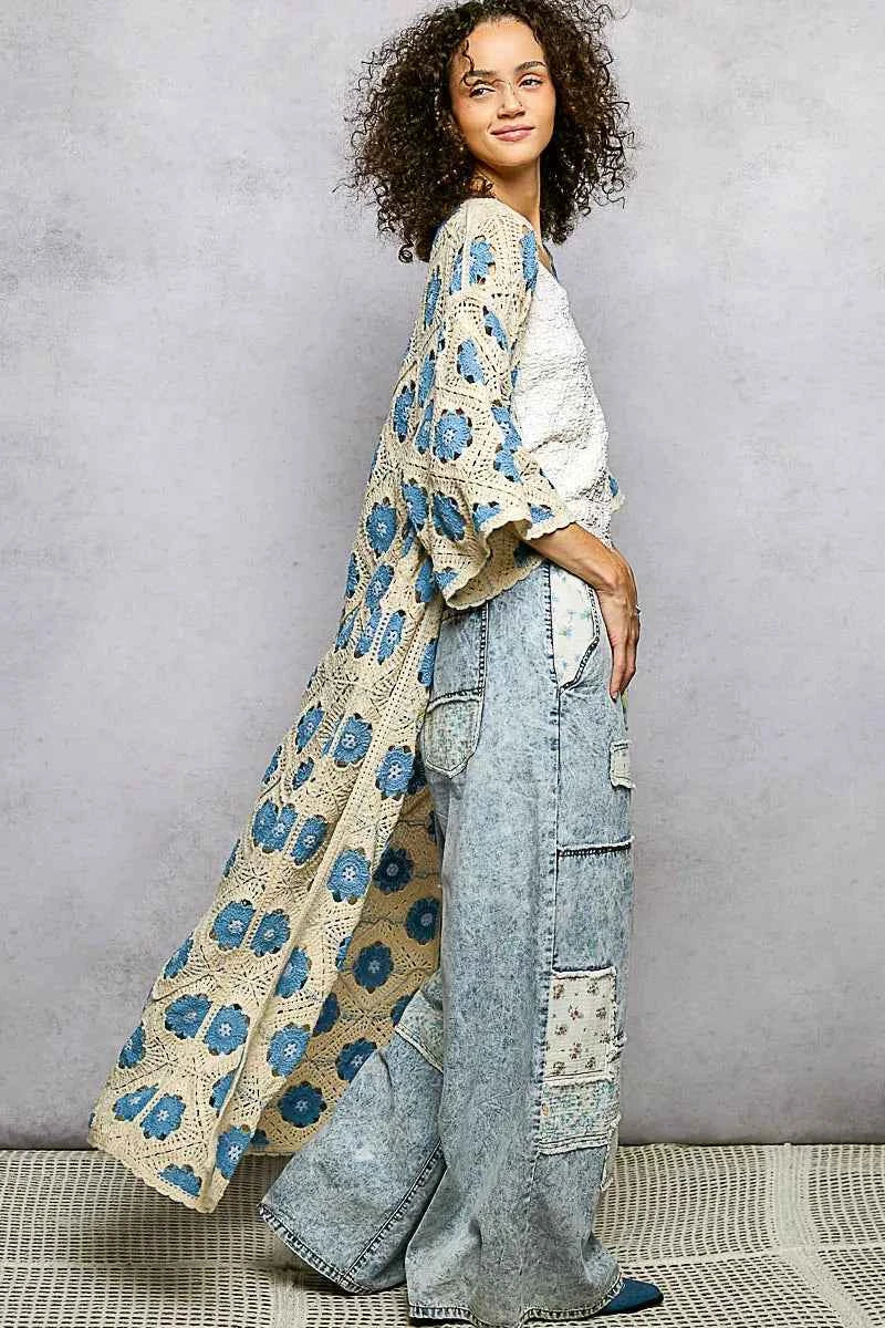 POL Crochet Longline Cardigan Sky Blue Floral Open Front 668389ce-f252-422c-8ef5-8ae2050a47c1-Max-Origin Trendsi