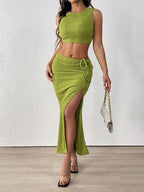 Perfee Outfit Set Cropped Tank & Ruched Midi Skirt Side Slit Lime 2 Pcs 668ae433-9219-4b3b-be83-1ffa8d4f9aef-Min Trendsi