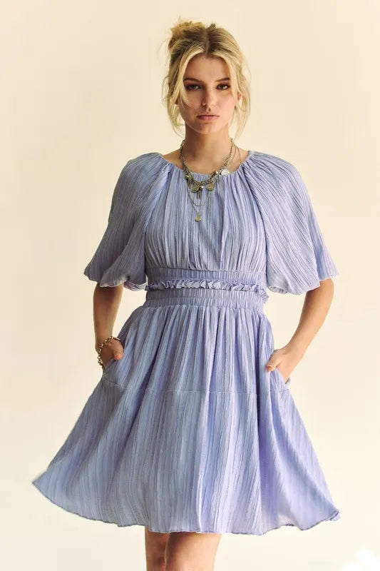 Davi & Dani Mini Dress Lavender Ruffle Puff Sleeve with Back Button 668d0f57b4f442e78773f15e383ec5bc-Max-Origin Trendsi