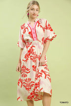 Umgee Midi Dress Red Tropical Print Button Detail Ruffled Smocked 3/4 Sleeve 669233bf-4524-407f-9554-46599c0c6a4d-Max-Origin Trendsi