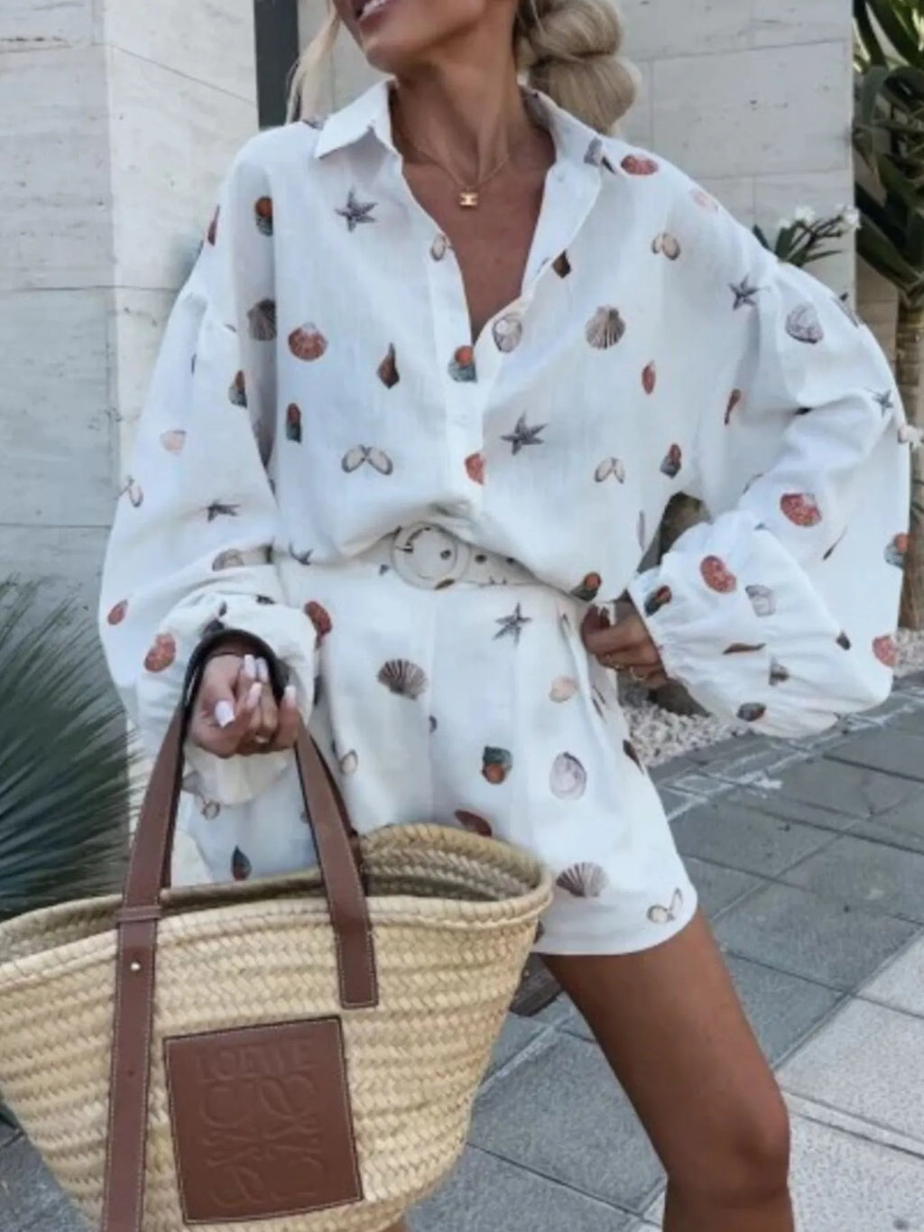 Women's Outfit Set Shell Print Long Sleeve Shirt and Belt Shorts 2 Pcs 669b2b04-f344-4cd6-8512-10187fbe123d-Max-Origin Trendsi