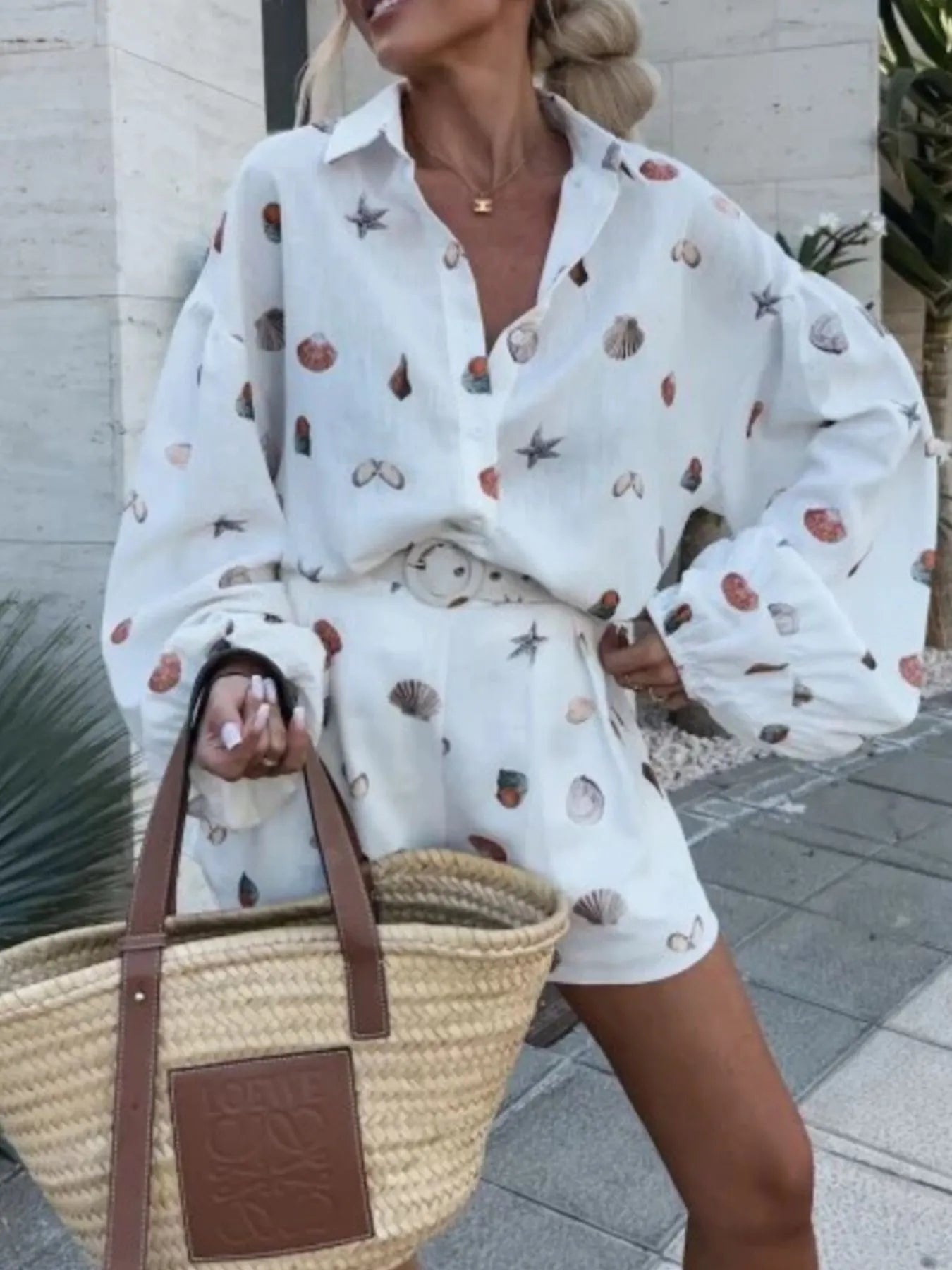 Women's Outfit Set Shell Print Long Sleeve Shirt and Belt Shorts 2 Pcs 669b2b04-f344-4cd6-8512-10187fbe123d-Max-Origin Trendsi