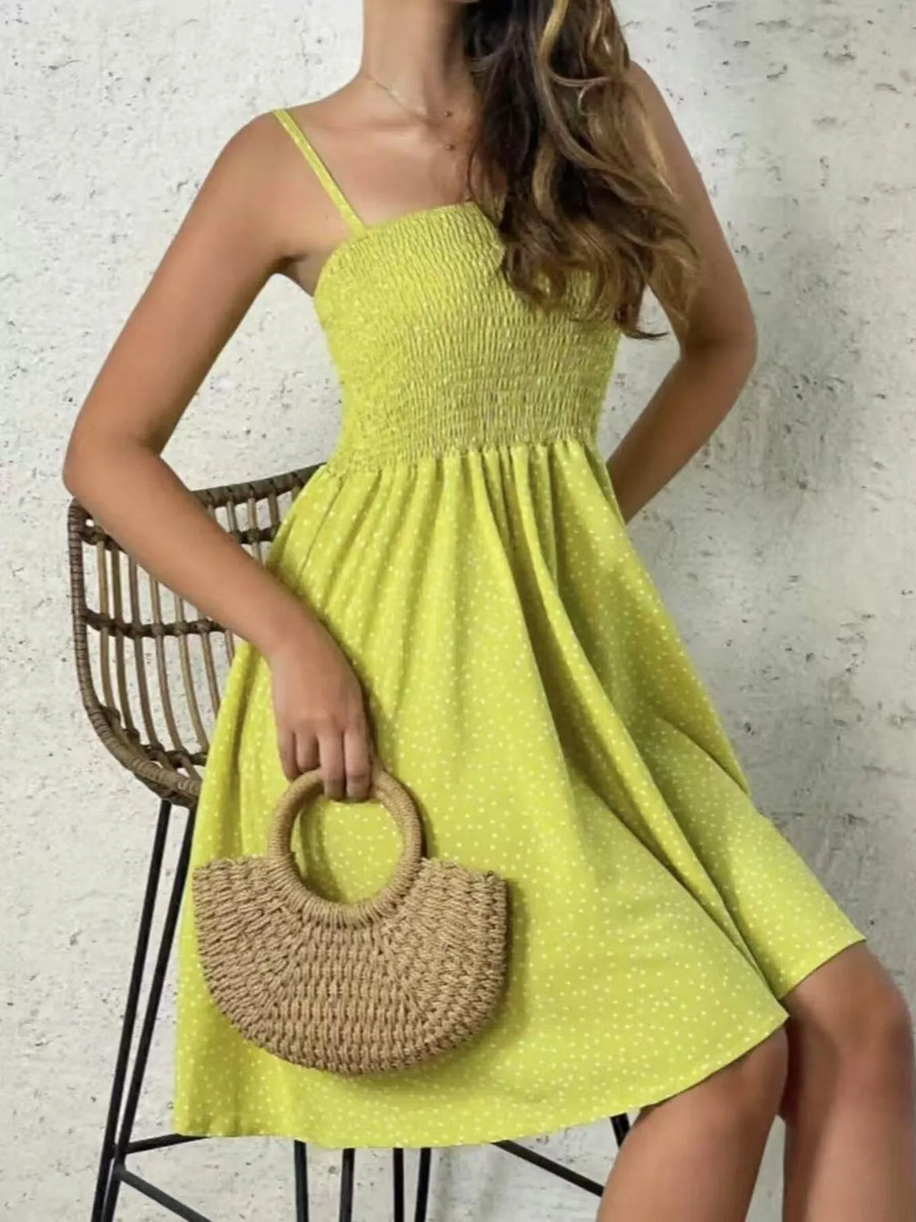 Mini Cami Dress Swiss Dot Smocked Square Neck with Thin Straps 66a27be5f7424ea2b1364ec8a99bd99b-Max-Origin Trendsi