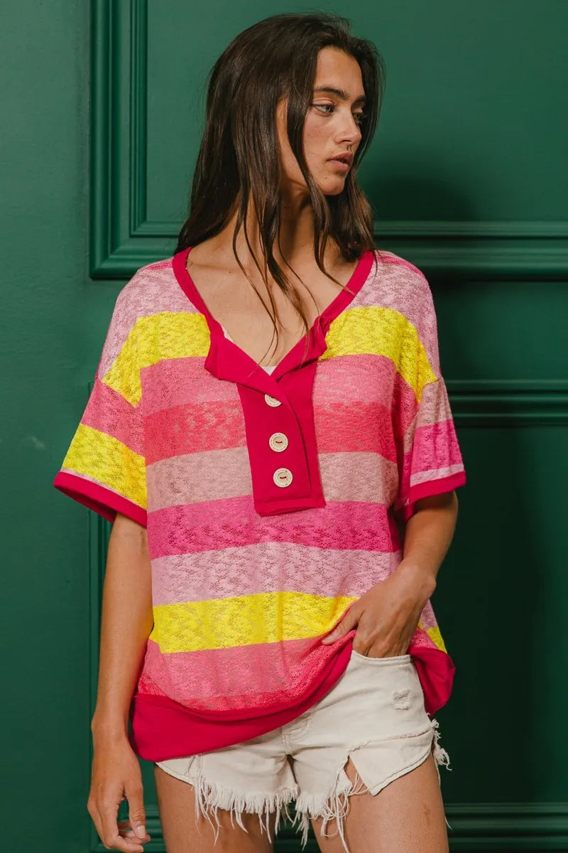 BiBi Multi Color Stripe Top Hacci Button Detail Ringer Short Sleeve T-shirt 66a4bdbdea044dd5b42a85911e871e9c-Max-Origin Trendsi