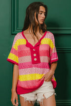BiBi Multi Color Stripe Top Hacci Button Detail Ringer Short Sleeve T-shirt 66a4bdbdea044dd5b42a85911e871e9c-Max-Origin Trendsi