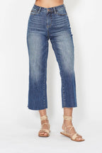 Judy Blue Crop Wide Jeans High Waist Back Pocket Embroidery Dark Wash Denim Dark 66aac943-3031-47ef-bb74-506e31295842-Max-Origin Trendsi