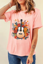 Women's T Shirt Guitar Flower Print Crew Neck Loose Short Sleeve Tees 66ada7d6-056b-4334-9c67-39dbb92f2e7e-Max-Origin Trendsi