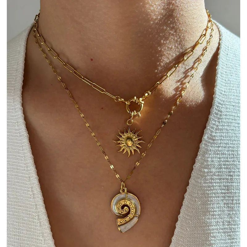 2-Piece Necklace 18K Gold-Plated Sun & Wave Pendant Enamel Stainless Steel Gold One Size 66b99755-e563-439f-9cb2-8da2dc8e8a83-Max-Origin Trendsi