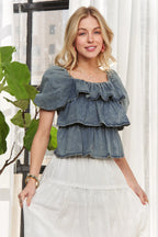 ADORA Ruffle Blouse Denim Washed Layered Short Puff Sleeve Top 66bc1e85191d41169cb7c5b3cfffc606-Max-Origin Trendsi