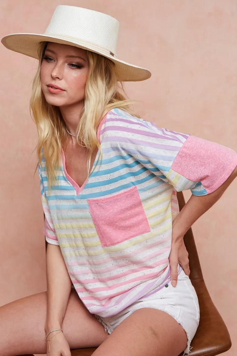 BiBi Cotton T-shirt Rainbow Stripe Printed Triblend Knit Short Sleeve Top 66bf413c34344961b54c63bb4b95151d-Max-Origin Trendsi