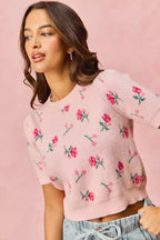 SO ME Womens Sweater Top Blush Pink Floral Pattern Knit Puff Short Sleeves 66c180719c164caea419a2f253bcd5d3-Max-Origin Trendsi