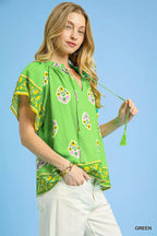 Umgee Blouse Green Boho Bloom Border Tied Top Short Sleeve 66c7c220-ef56-44f6-95b1-0a33e6db9be8-Max-Origin Trendsi