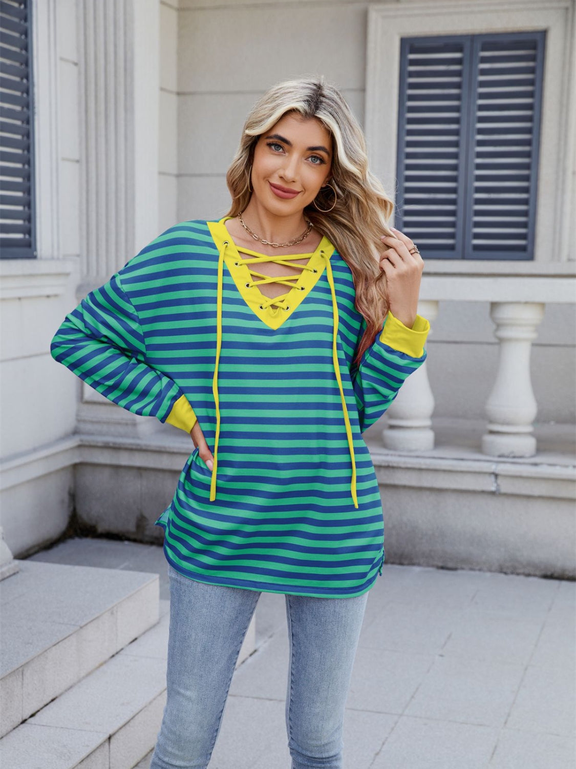 Striped T-Shirt Lace-Up Crisscross V Neck Long Sleeve Blouse Top Turquoise 66c88d91-8198-4d89-be22-cd43ff00d473-Max Trendsi