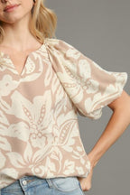 Umgee Top Floral Print Tan Boxy Cut Split Neck Short Sleeve Blouse 66cc365a-cc92-4455-b1eb-6e7b9ace4c48-Max Trendsi