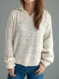 Collared Neck Long Sleeve Sweater Beige One Size 66db1885-f938-4b27-89b5-72679177242e-Max Trendsi