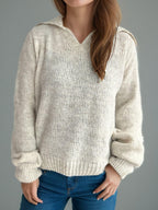 Collared Neck Long Sleeve Sweater Beige One Size 66db1885-f938-4b27-89b5-72679177242e-Max Trendsi