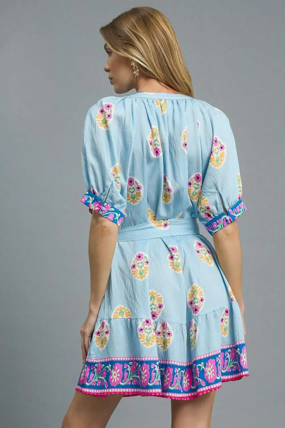Umgee Shirt Dress Floral Print Pastel Blue Tie Waist Short Sleeve Buttoned 66deabcb-8619-4f67-a7af-35443a2a7757-Max-Origin Trendsi