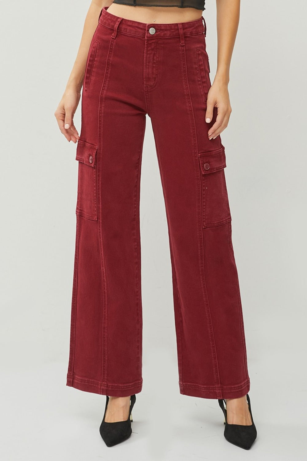 RISEN Wide Leg Cargo Jeans Burgundy High Waist Women Cotton Denim Pants Pocketed Wine 66f71410-1901-49ff-80c0-2c31c5b7dbfd-Max Trendsi