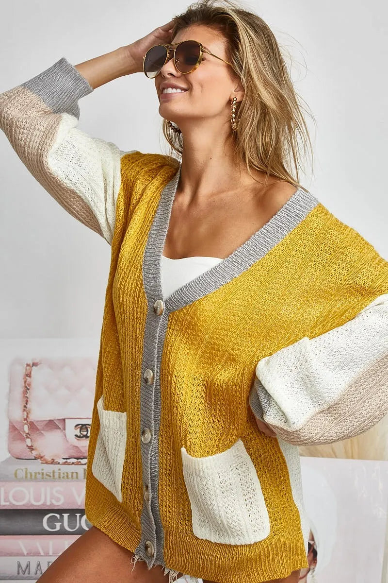 BiBi Cardigan Mustard Ivory Color Block Lightweight Knit Long Sleeve