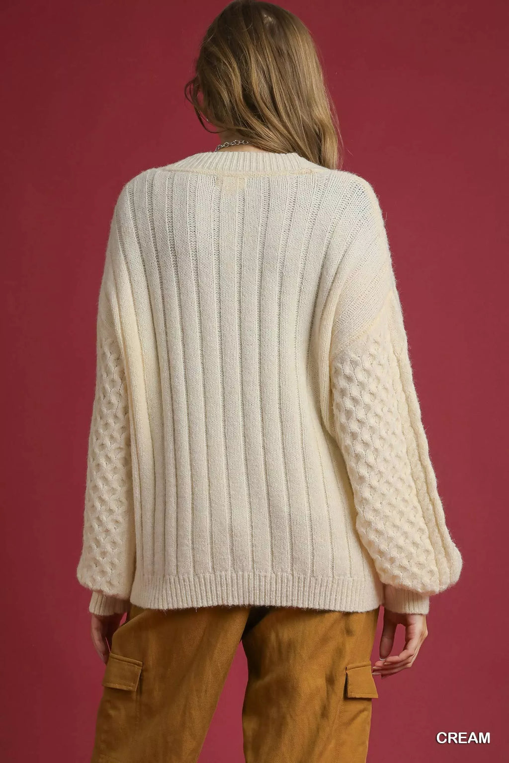 Umgee Cardigan Cream Cable Knit Pearl Button V Neck 6700b455-cb0a-4448-85f9-b762d712680f-Max-Origin Trendsi