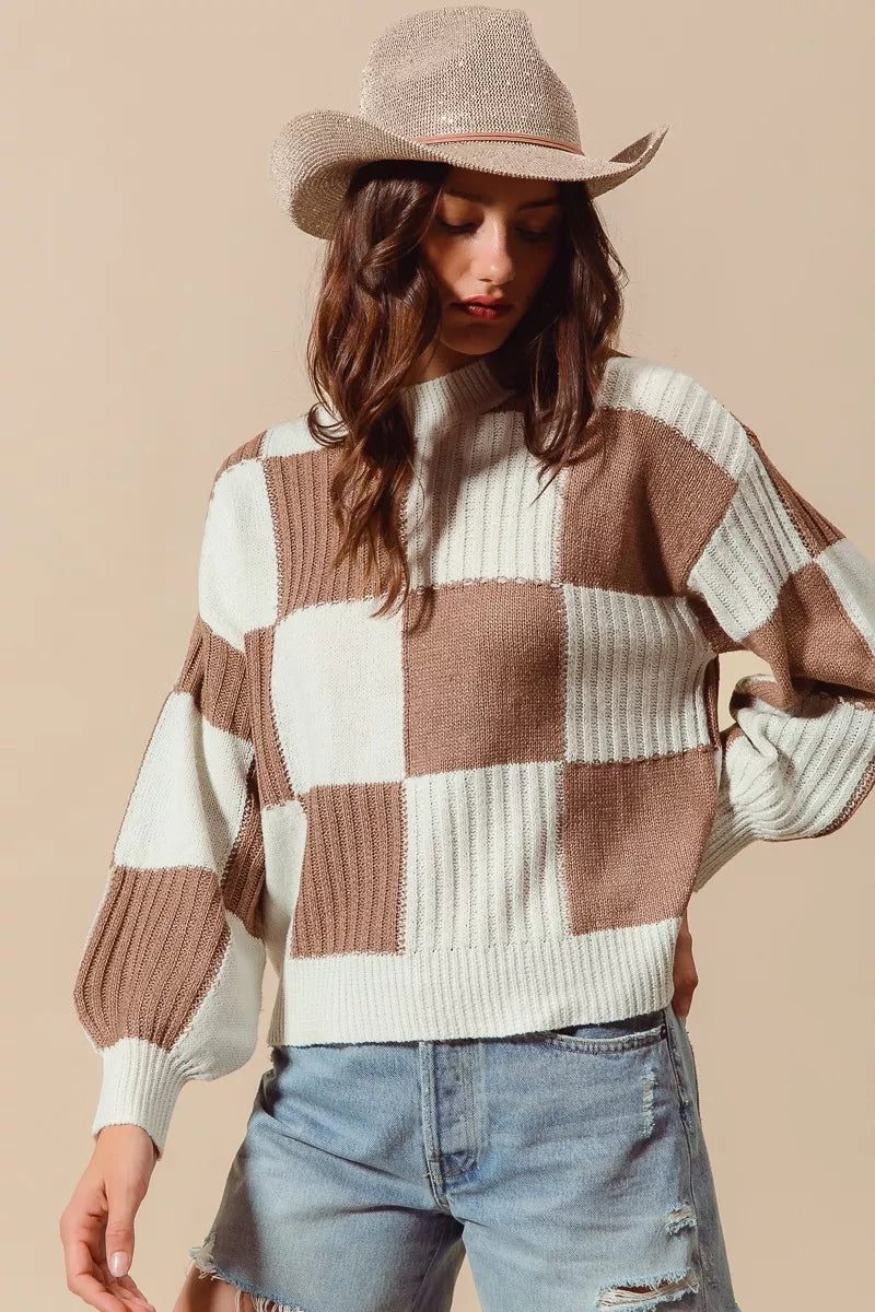 SO ME Ribbed Color Block Checkered Plaid Sweater 670374214bb84cff9d7fde9991765ee1-Max-Origin Trendsi
