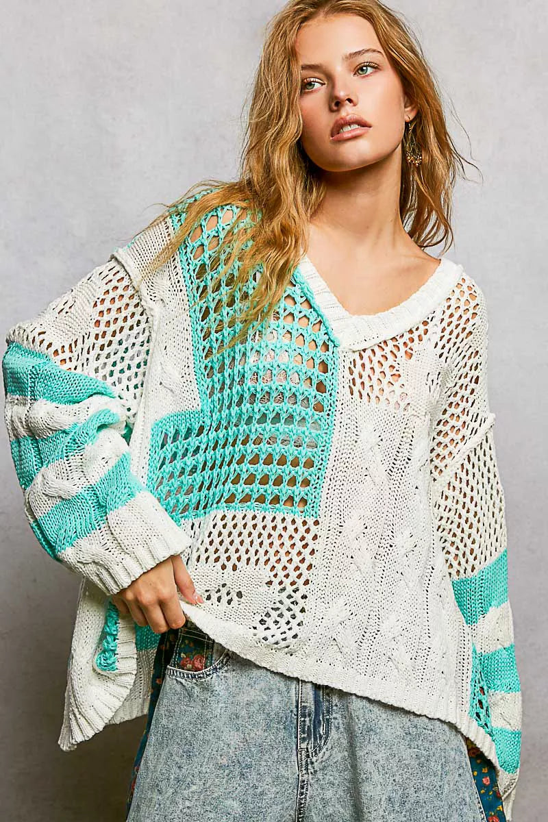 POL Womens Knit Top Aqua Blue Color-Blocked Stripe with Twisted Weave 670a3f84-5044-45fc-8eb6-e4ed7facb5a1-Max-Origin Trendsi