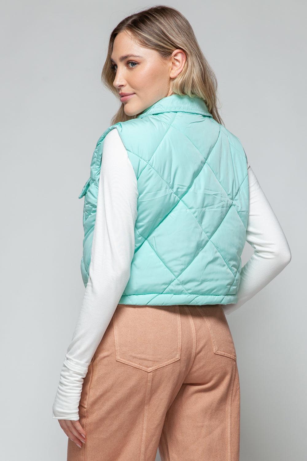 Crop Vest Snobbish Snap Down Quilted Sleeveless Green Outwear 670f8440-de4e-4ba8-903d-3957084b7058-Max Trendsi