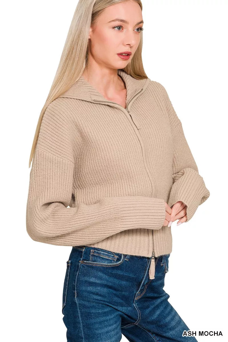 Zenana Cardigan Ribbed Collared Zip Up Sweater Ash Mocha 67125514f4b64143bca9bfc8aec8ac70-Max-Origin Trendsi