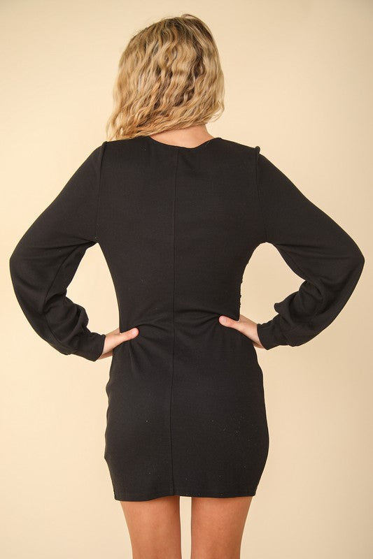 VERY J Mini Dress Black Ruched V Neck Dropped Bodycon Long Sleeve 671c5bd4-17ef-42fd-a6bf-87e5a68664d2-Max Trendsi