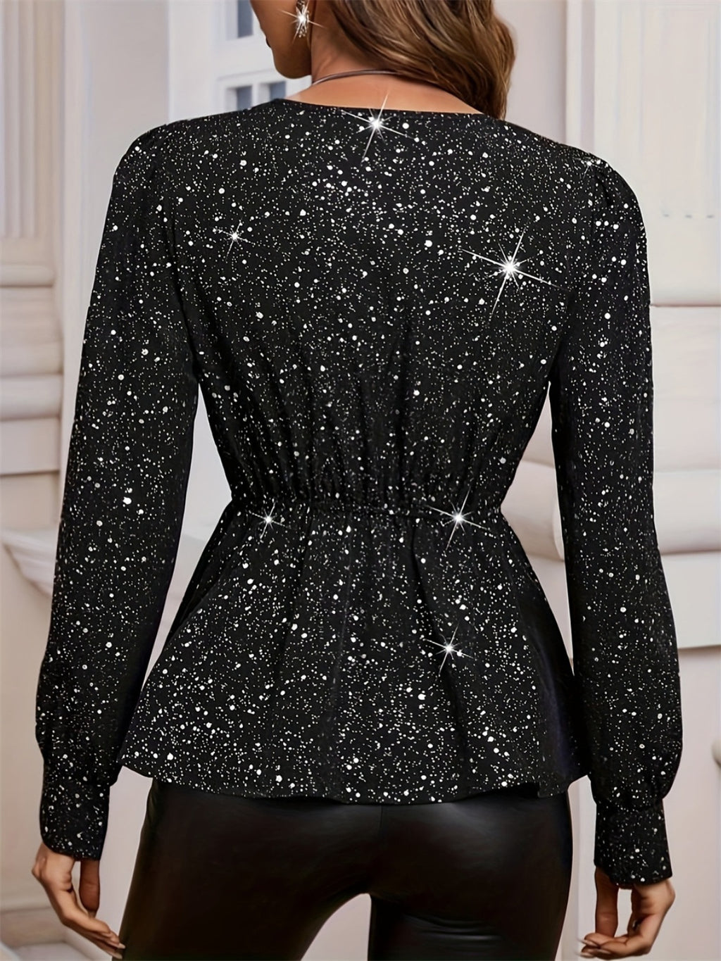 Glitter Blouse Women Asymmetrical Hem Surplice V Neck Long Sleeve Tops 67229e57-9fa4-4881-a2de-fee486c6c6a5-Max Trendsi