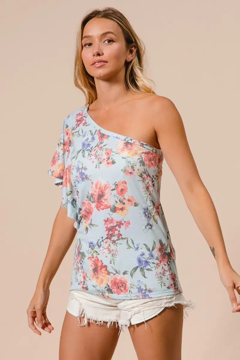 BiBi Floral Top Printed Jersey Knit Ruffle Sleeve One Shoulder 672bb428057d4069964dd63de08b7b45-Max-Origin Trendsi